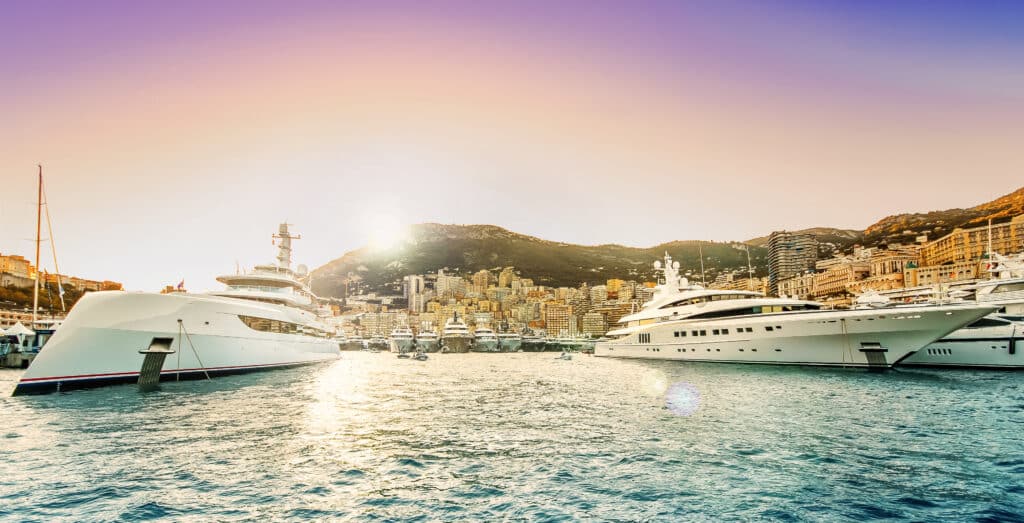 Yachts in Port Hercule, Monaco, at sunset